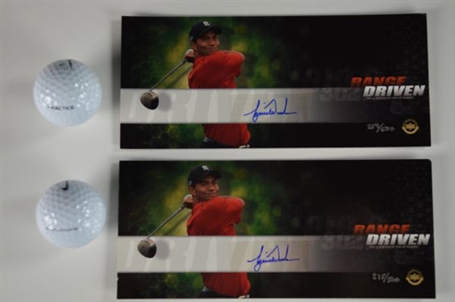 Tiger Woods UDA Signed Card and Range Used Golf Ball Display Set of Two (2)